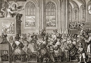 Oliver Cromwell (1599-1658) prædiker for en puritansk menighed af English School